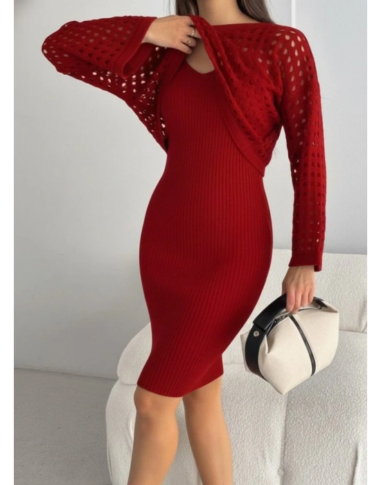 Kadın Uzun Kollu Delikli Kazak Askılı Elbise Triko Ikili Takım