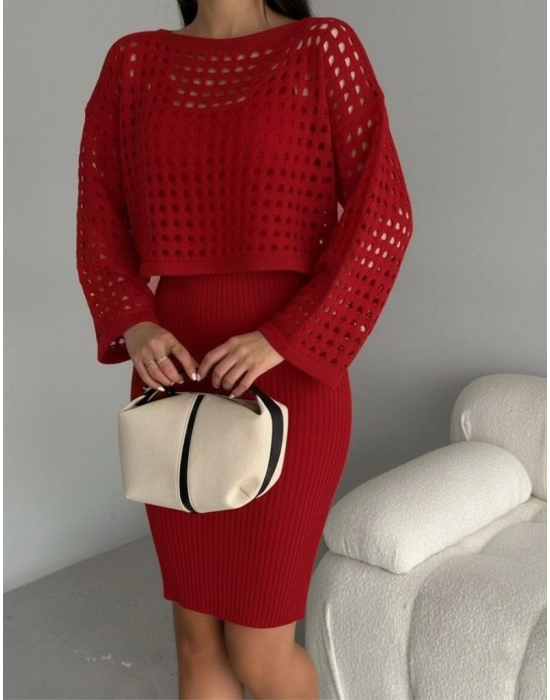 Kadın Uzun Kollu Delikli Kazak Askılı Elbise Triko Ikili Takım