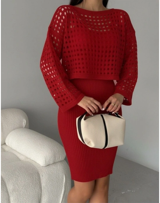 Kadın Uzun Kollu Delikli Kazak Askılı Elbise Triko Ikili Takım