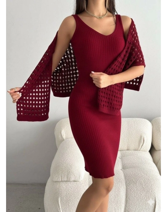 Kadın Uzun Kollu Delikli Kazak Askılı Elbise Triko Ikili Takım