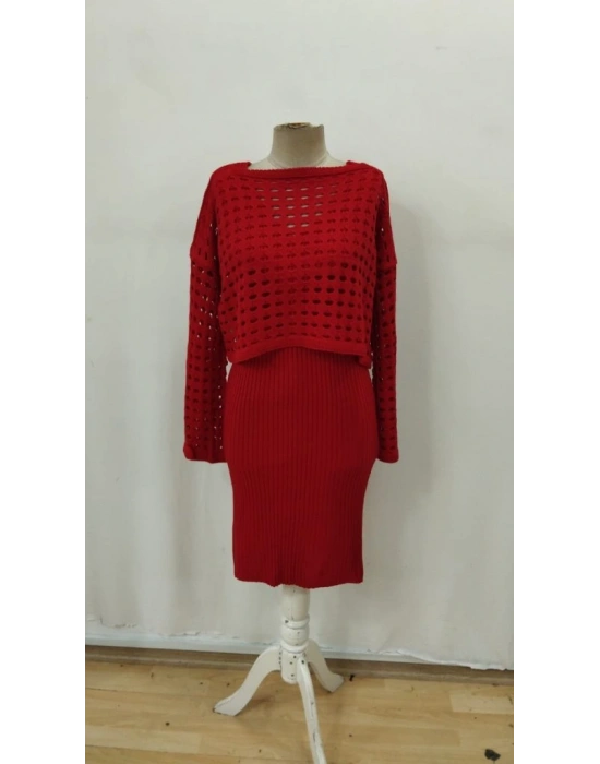 Kadın Uzun Kollu Delikli Kazak Askılı Elbise Triko Ikili Takım