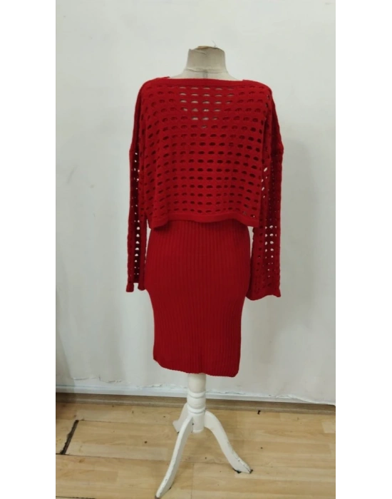 Kadın Uzun Kollu Delikli Kazak Askılı Elbise Triko Ikili Takım