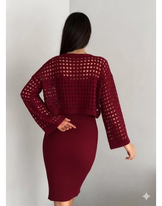 Kadın Uzun Kollu Delikli Kazak Askılı Elbise Triko Ikili Takım