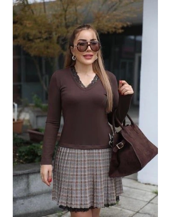 Kadın Uzun Kollu Denteli Yaka Ekose Etek Detay Diz üstü Elbise