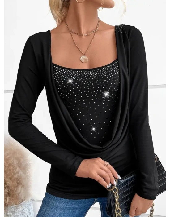 Kadın Uzun Kollu Derin Degaje Yakalı Taşlı Sandy Bluz