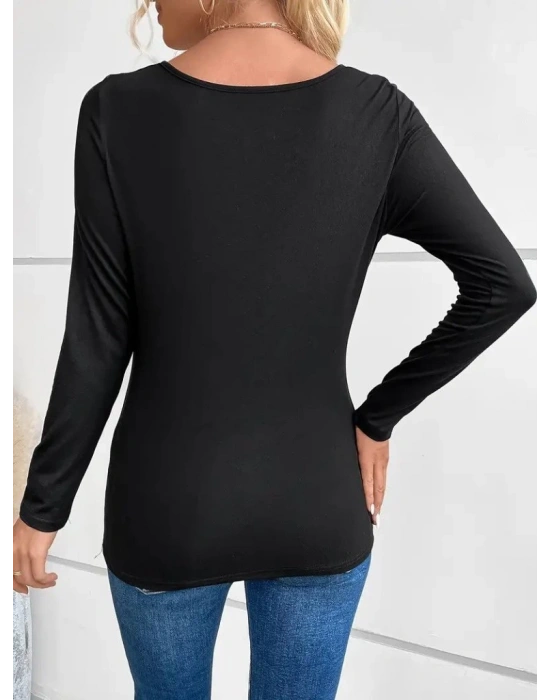 Kadın Uzun Kollu Derin Degaje Yakalı Taşlı Sandy Bluz