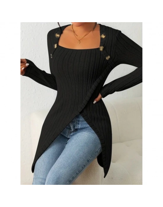 Kadın Uzun Kollu Derin Kare Yaka Düğme Detay şardonlu Kaşkorse Kruvaze Bluz