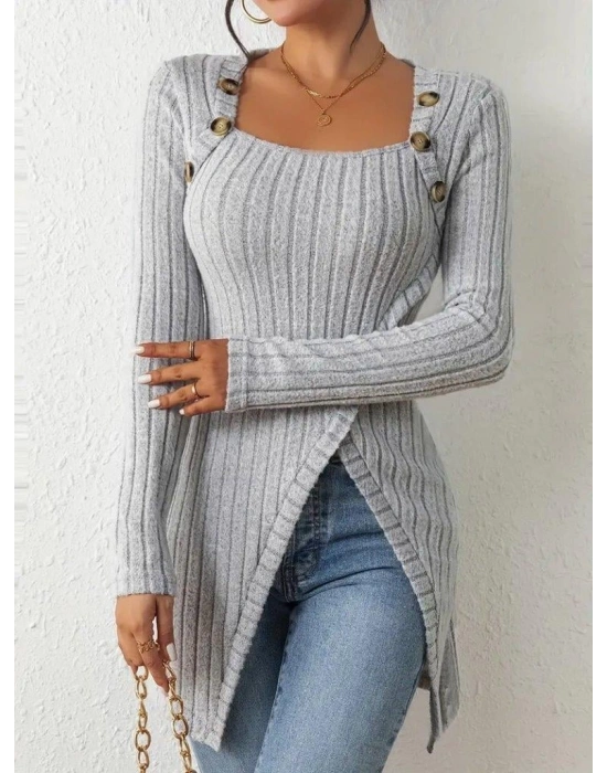 Kadın Uzun Kollu Derin Kare Yaka Düğme Detay şardonlu Kaşkorse Kruvaze Bluz