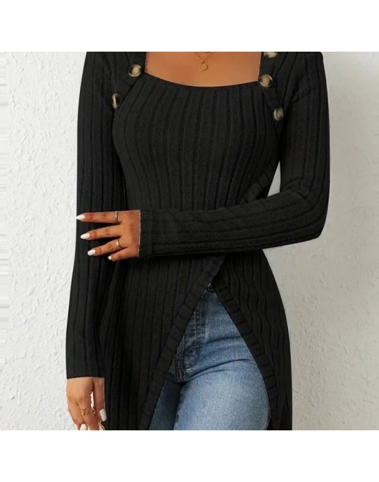 Kadın Uzun Kollu Derin Kare Yaka Düğme Detay şardonlu Kaşkorse Kruvaze Bluz