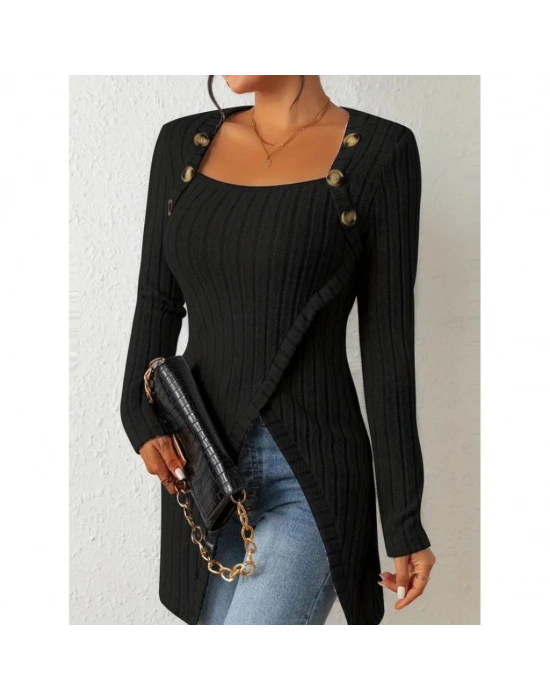 Kadın Uzun Kollu Derin Kare Yaka Düğme Detay şardonlu Kaşkorse Kruvaze Bluz