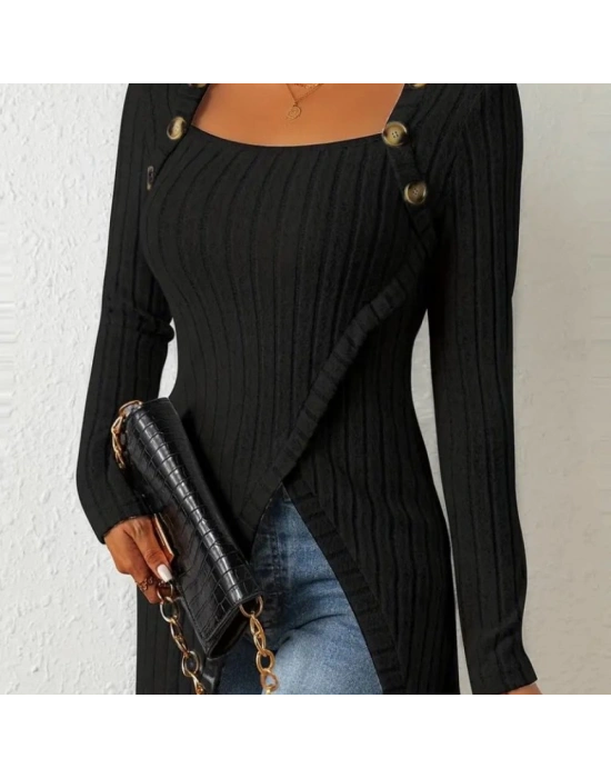 Kadın Uzun Kollu Derin Kare Yaka Düğme Detay şardonlu Kaşkorse Kruvaze Bluz