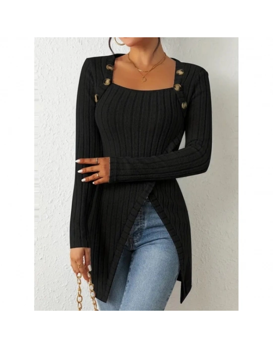 Kadın Uzun Kollu Derin Kare Yaka Düğme Detay şardonlu Kaşkorse Kruvaze Bluz