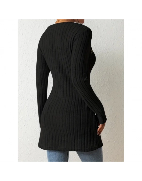 Kadın Uzun Kollu Derin Kare Yaka Düğme Detay şardonlu Kaşkorse Kruvaze Bluz