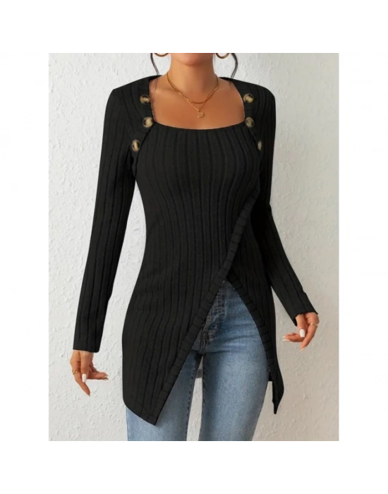 Kadın Uzun Kollu Derin Kare Yaka Düğme Detay şardonlu Kaşkorse Kruvaze Bluz