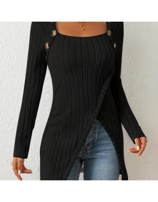 Kadın Uzun Kollu Derin Kare Yaka Düğme Detay şardonlu Kaşkorse Kruvaze Bluz