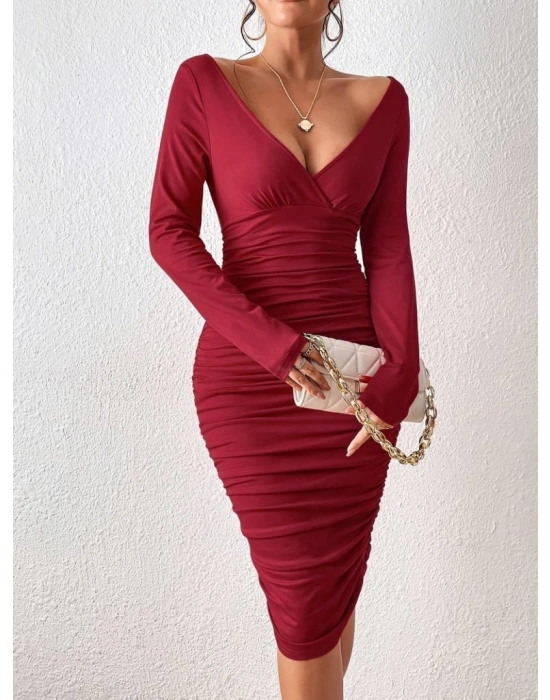 Kadın Uzun Kollu Derin Kruvaze Yakalı Büzgülü Sandy Midi Elbise