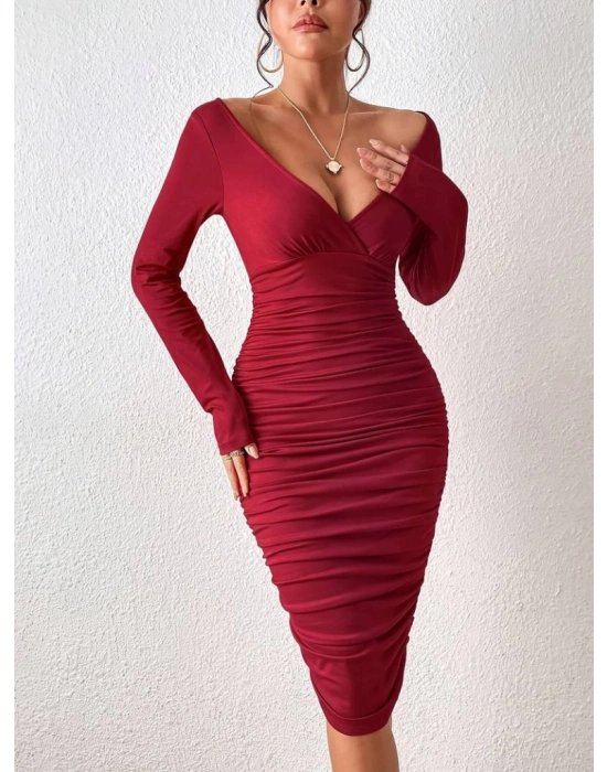 Kadın Uzun Kollu Derin Kruvaze Yakalı Büzgülü Sandy Midi Elbise