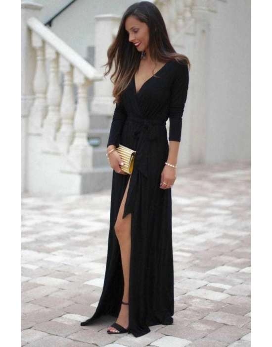 Kadın Uzun Kollu Derin V Kruvaze Yaka Beli Lastik Yırtmaç Ve Bağcık Detaylı Sandy Tam Boy Elbise
