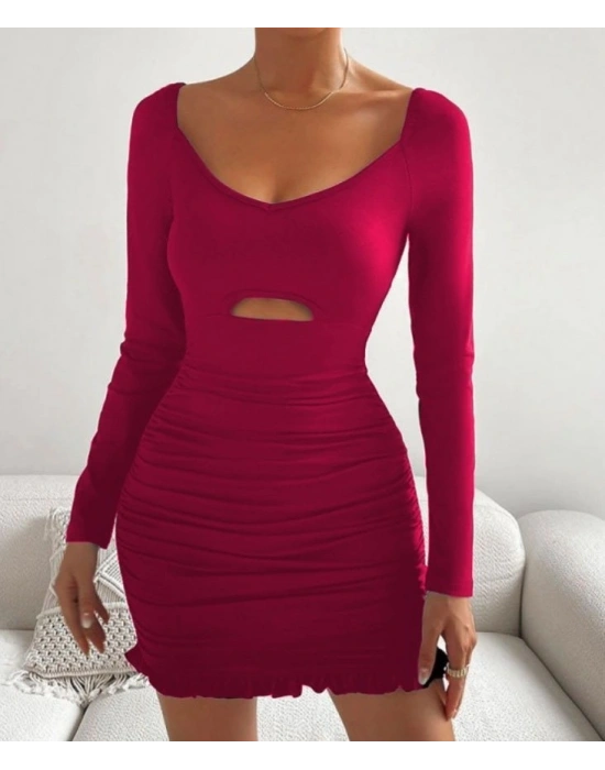 Kadın Uzun Kollu Derin V Yaka Göğüs Altı Dekolte Detay Etek Ucu Fırfırlı Sandy Mini Boy Elbise