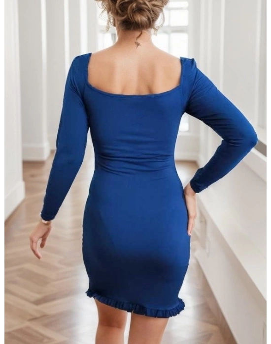 Kadın Uzun Kollu Derin V Yaka Göğüs Altı Dekolte Detay Etek Ucu Fırfırlı Sandy Mini Boy Elbise