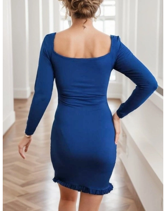 Kadın Uzun Kollu Derin V Yaka Göğüs Altı Dekolte Detay Etek Ucu Fırfırlı Sandy Mini Boy Elbise