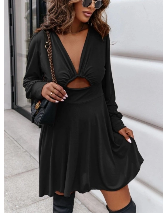 Kadın Uzun Kollu Derin V Yaka Göğüs Altı Dekolte Detaylı Sandy Mini Boy Elbise