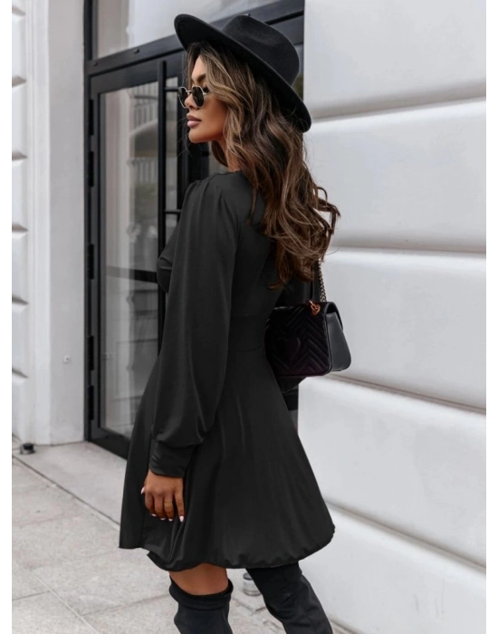 Kadın Uzun Kollu Derin V Yaka Göğüs Altı Dekolte Detaylı Sandy Mini Boy Elbise