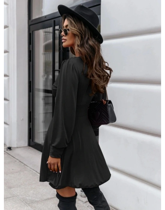 Kadın Uzun Kollu Derin V Yaka Göğüs Altı Dekolte Detaylı Sandy Mini Boy Elbise