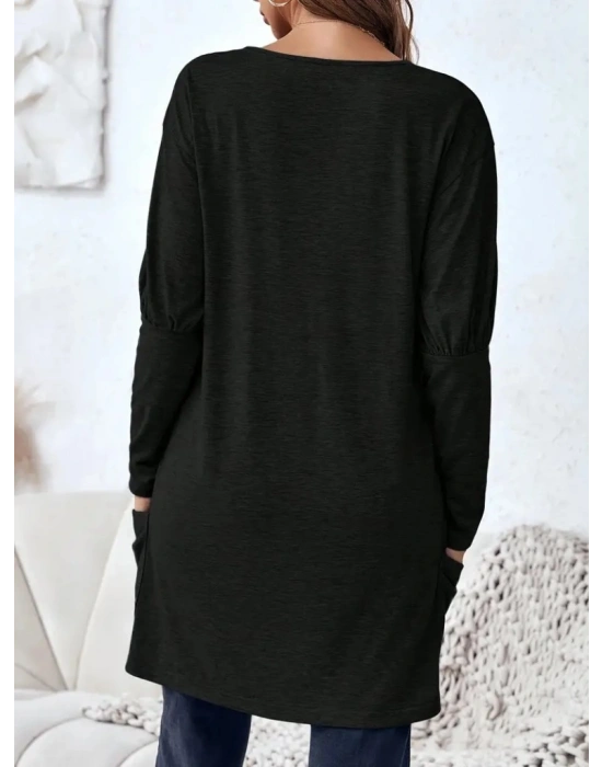 Kadın Uzun Kollu Derin V Yakalı Asimetrik Kesim Cepli Detay Yün Viskon Iki Iplik Bluz