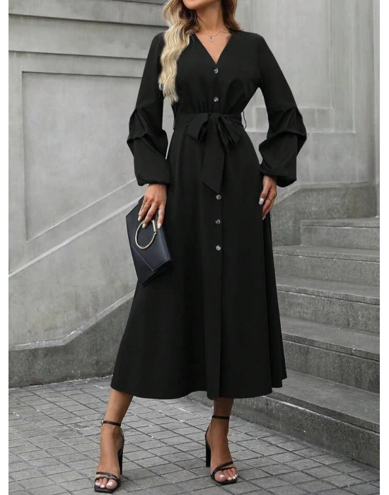 Kadın Uzun Kollu Derin V Yakalı Belden Kuşaklı önden Düğmeli Janjan Krep Elbise