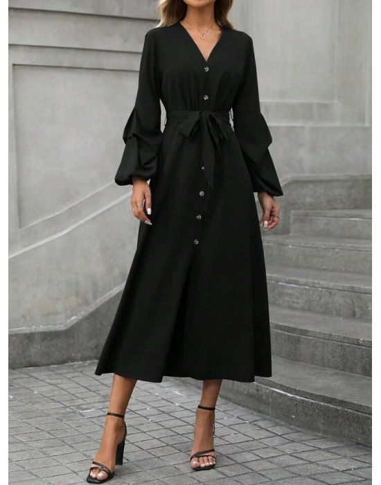 Kadın Uzun Kollu Derin V Yakalı Belden Kuşaklı önden Düğmeli Janjan Krep Elbise