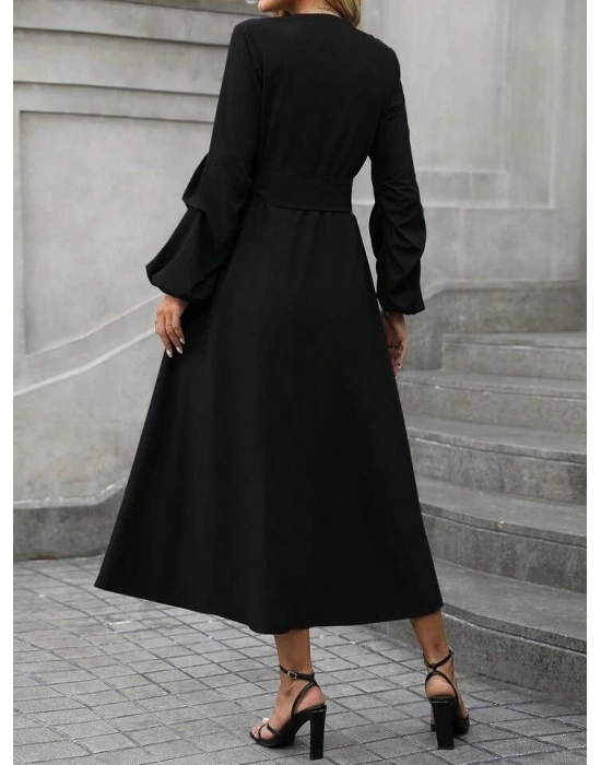 Kadın Uzun Kollu Derin V Yakalı Belden Kuşaklı önden Düğmeli Janjan Krep Elbise