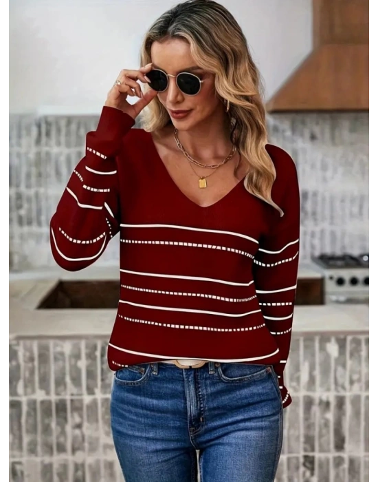 Kadın Uzun Kollu Derin V Yakalı çizgi Desenli Triko Bluz