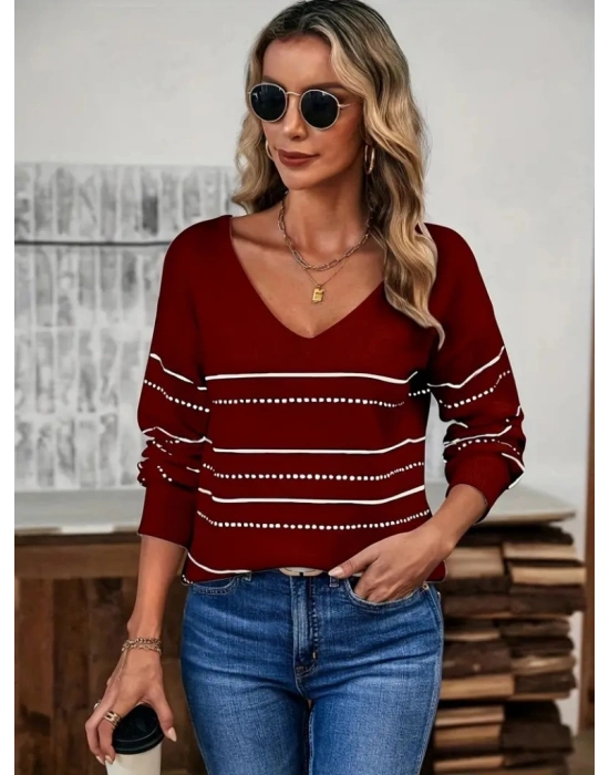 Kadın Uzun Kollu Derin V Yakalı çizgi Desenli Triko Bluz