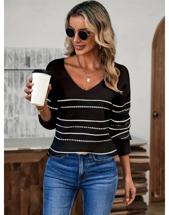 Kadın Uzun Kollu Derin V Yakalı çizgi Desenli Triko Bluz