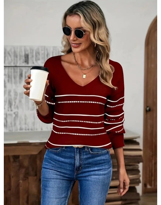 Kadın Uzun Kollu Derin V Yakalı çizgi Desenli Triko Bluz