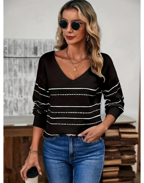Kadın Uzun Kollu Derin V Yakalı çizgi Desenli Triko Bluz