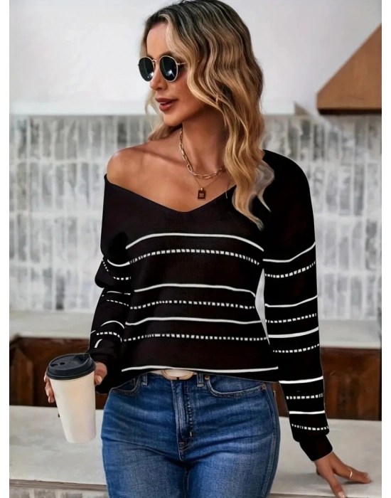 Kadın Uzun Kollu Derin V Yakalı çizgi Desenli Triko Bluz