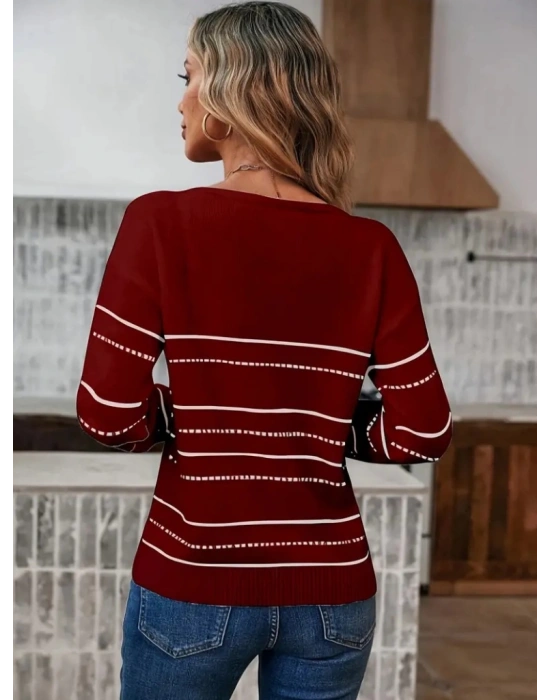 Kadın Uzun Kollu Derin V Yakalı çizgi Desenli Triko Bluz