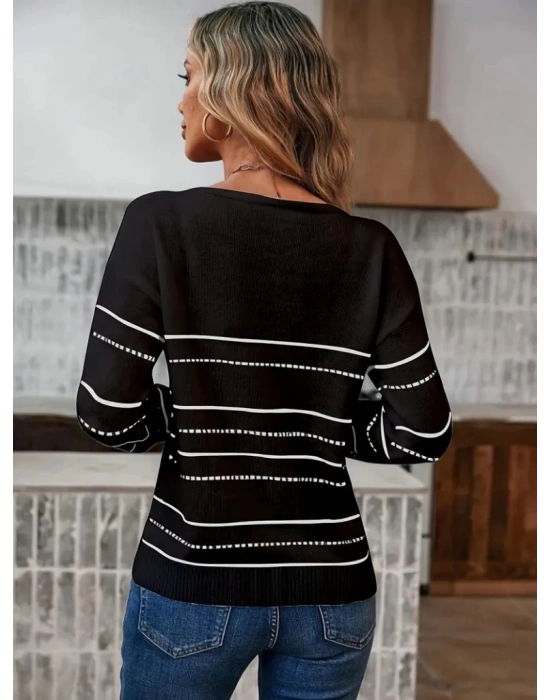 Kadın Uzun Kollu Derin V Yakalı çizgi Desenli Triko Bluz
