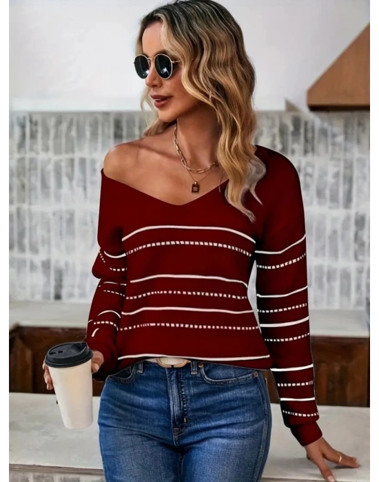 Kadın Uzun Kollu Derin V Yakalı çizgi Desenli Triko Bluz