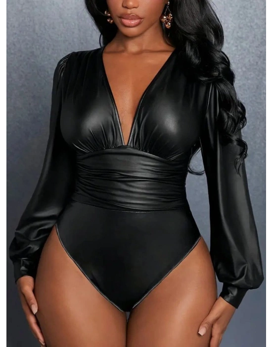 Kadın Uzun Kollu Derin V Yakalı Deri Zıbın