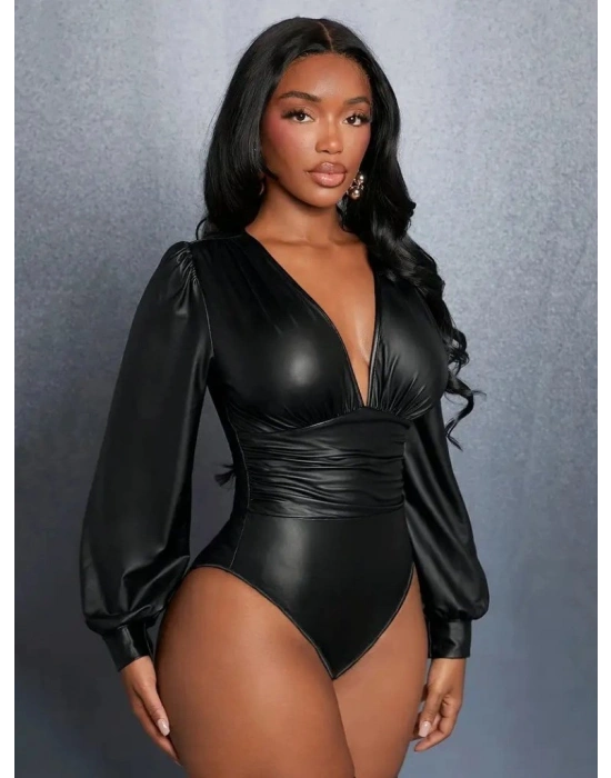 Kadın Uzun Kollu Derin V Yakalı Deri Zıbın