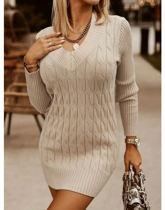 Kadın Uzun Kollu Derin V Yakalı Kısa Triko Elbise