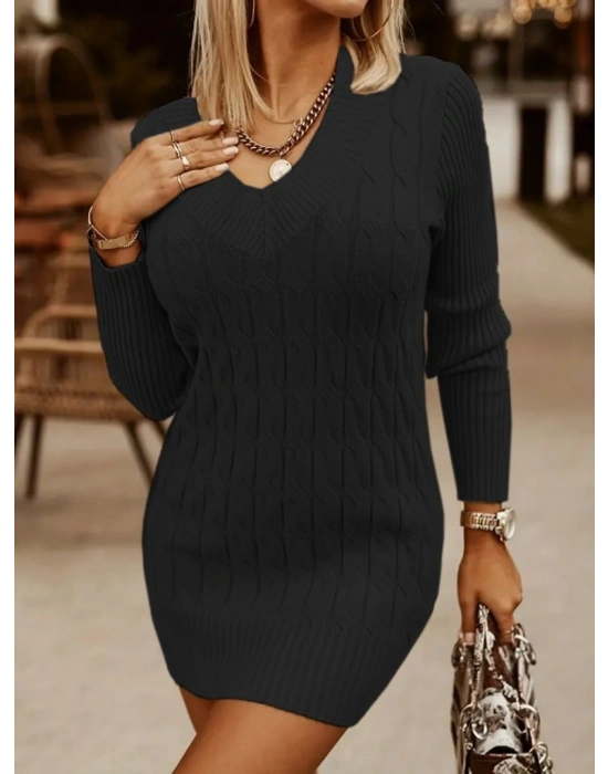 Kadın Uzun Kollu Derin V Yakalı Kısa Triko Elbise