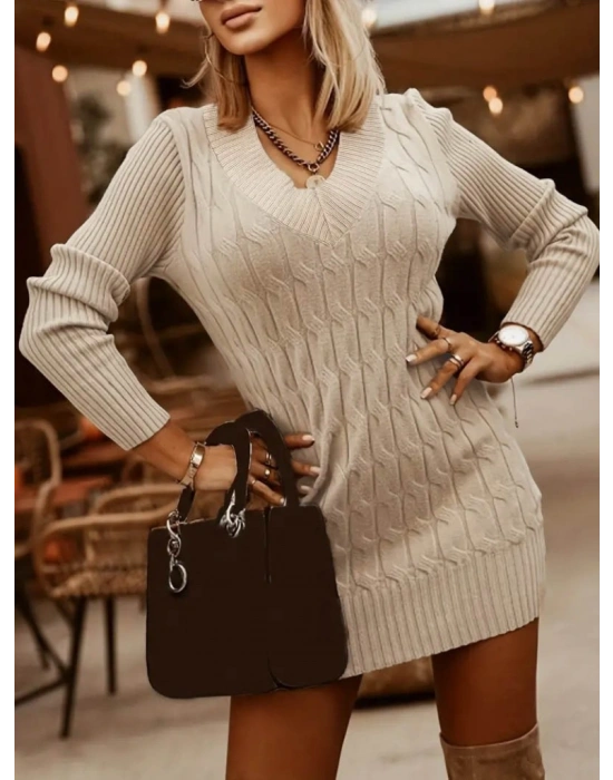 Kadın Uzun Kollu Derin V Yakalı Kısa Triko Elbise