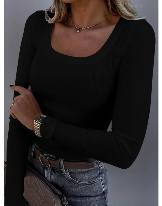 Kadın Uzun Kollu Derin Yuvarlak Yaka Kaşkorse Bluz