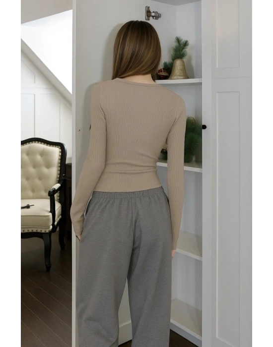 Kadın Uzun Kollu Derin Yuvarlak Yaka Kaşkorse Bluz