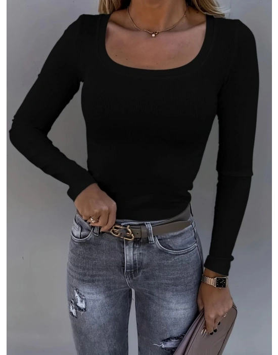 Kadın Uzun Kollu Derin Yuvarlak Yaka Kaşkorse Bluz