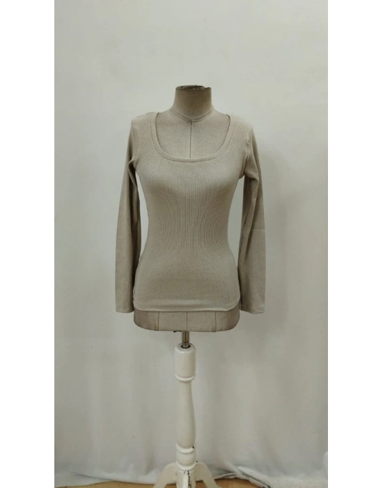 Kadın Uzun Kollu Derin Yuvarlak Yaka Kaşkorse Bluz